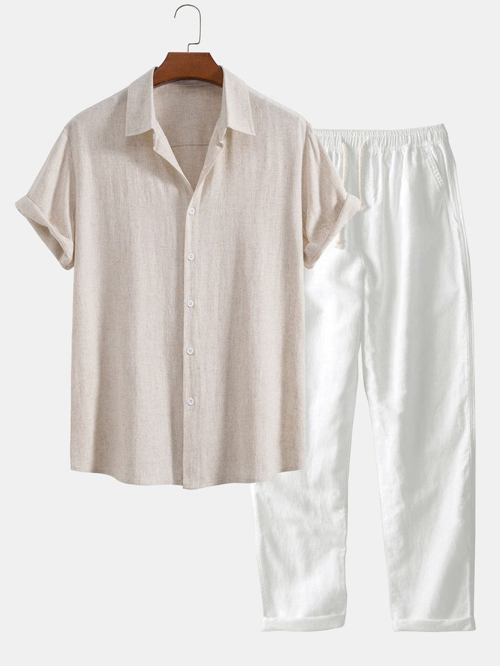 Linne Rayon Mix Skjorta med Knappar & Raka Ben Linnebyxor