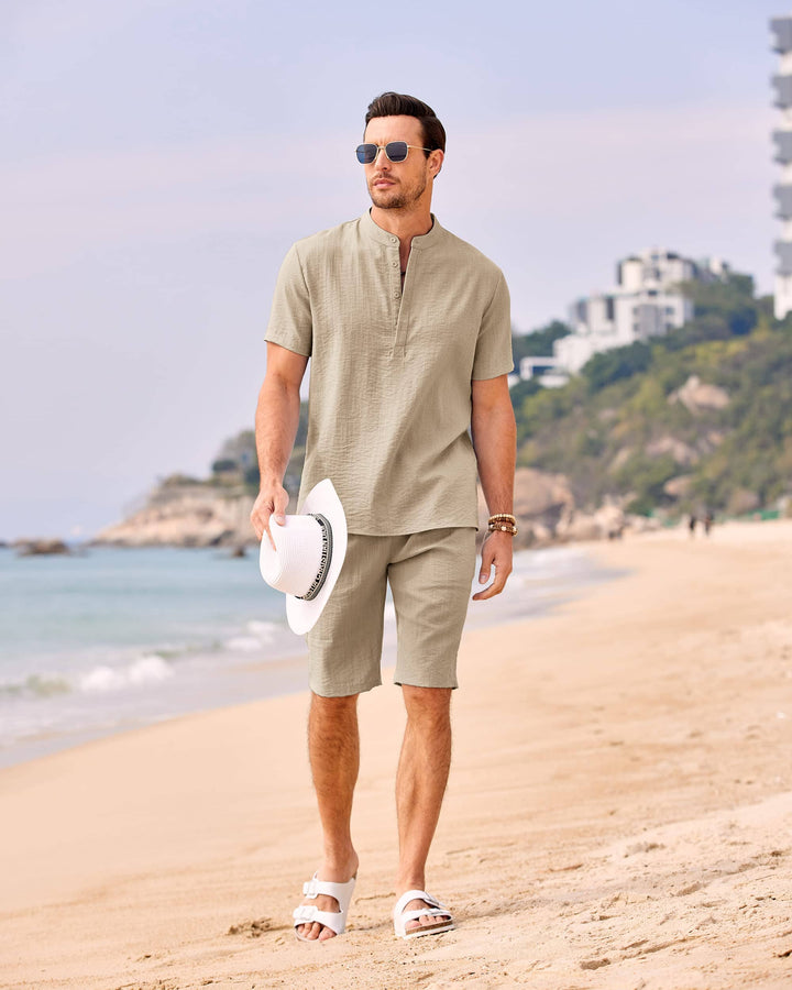 Casual 2-Delat Bomull Linne Henley Skjortset
