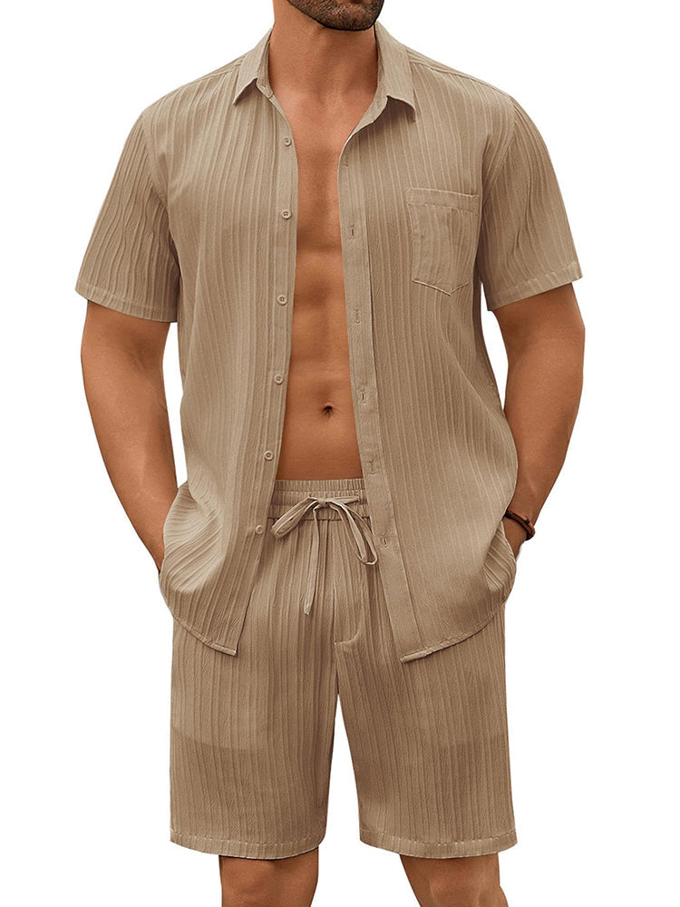 Casual Texturerat Skjorta Shorts Semesterset