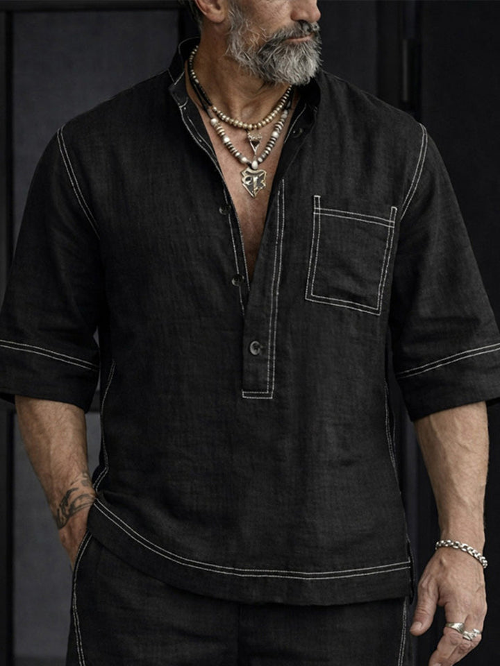 Sommar Casual 100% Bomull Henley Skjortset