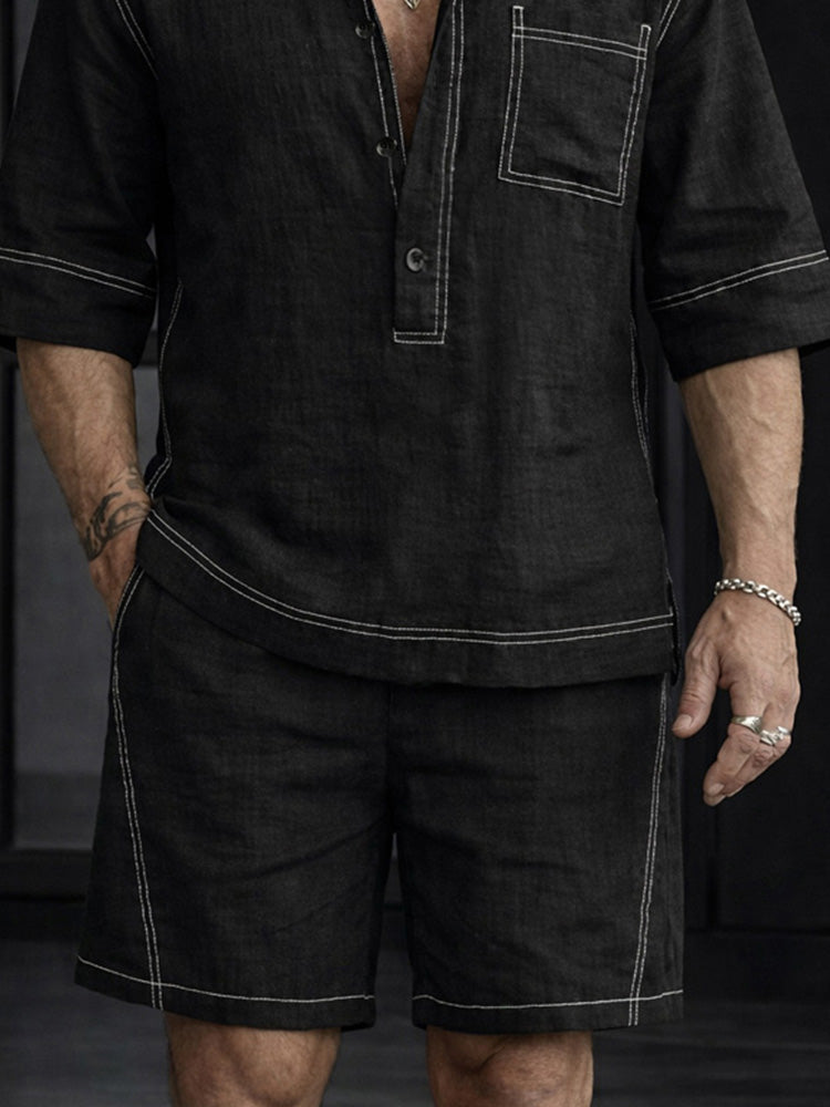 Sommar Casual 100% Bomull Henley Skjortset