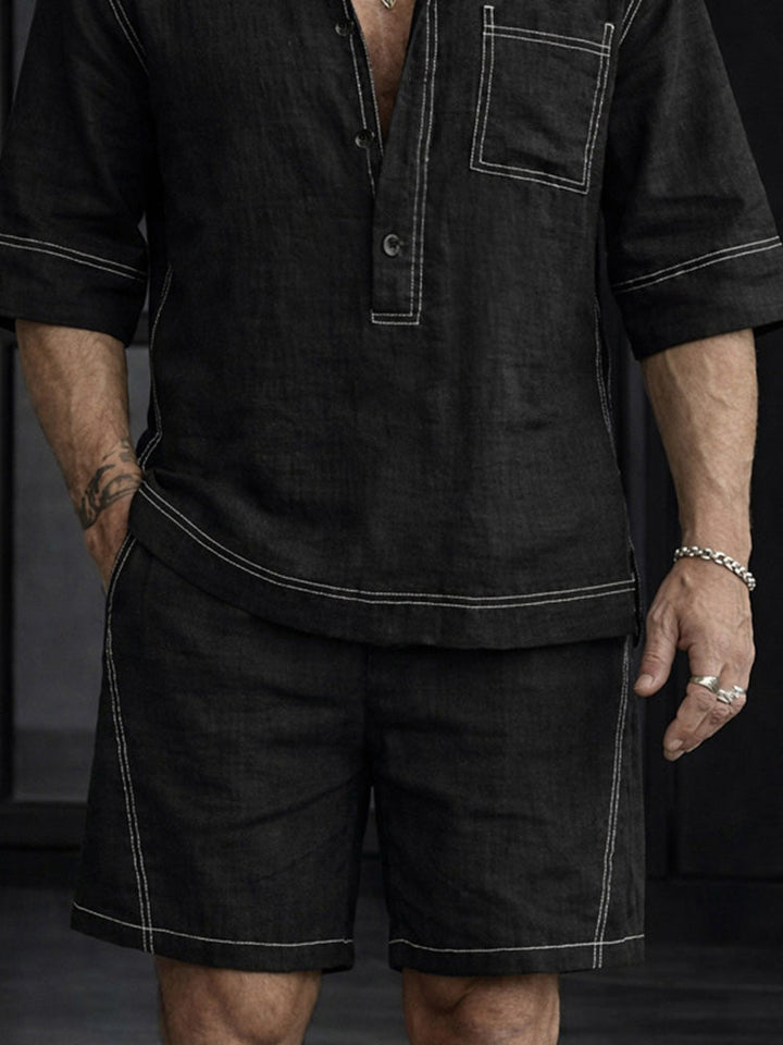 Sommar Casual 100% Bomull Henley Skjortset