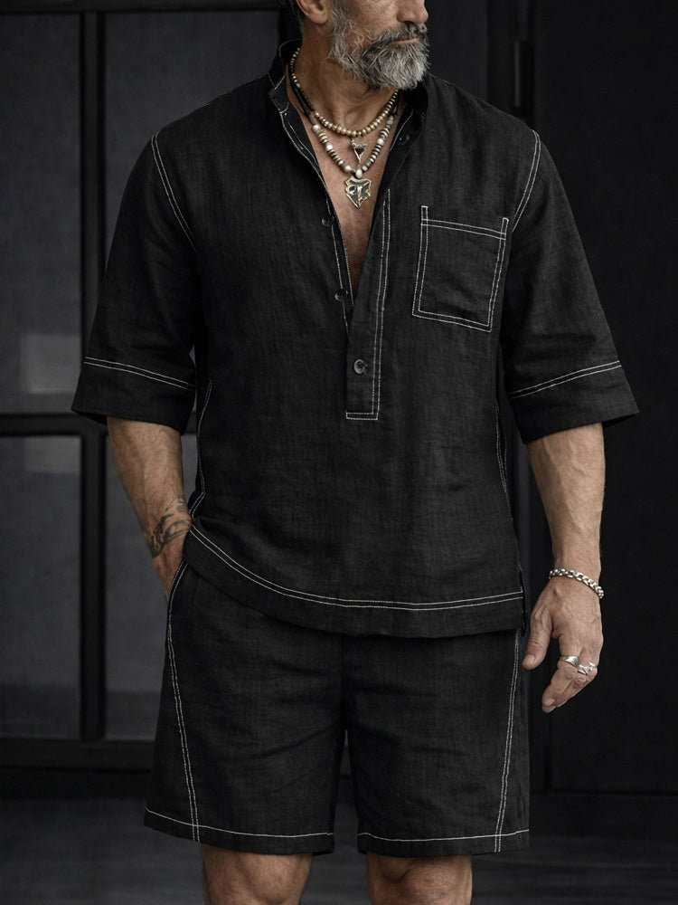 Sommar Casual 100% Bomull Henley Skjortset