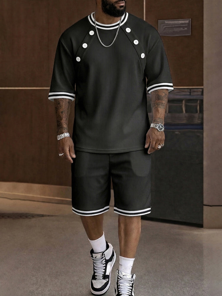 Athleisure Knapp Detalj Ribbad Texturerat Shorts Set