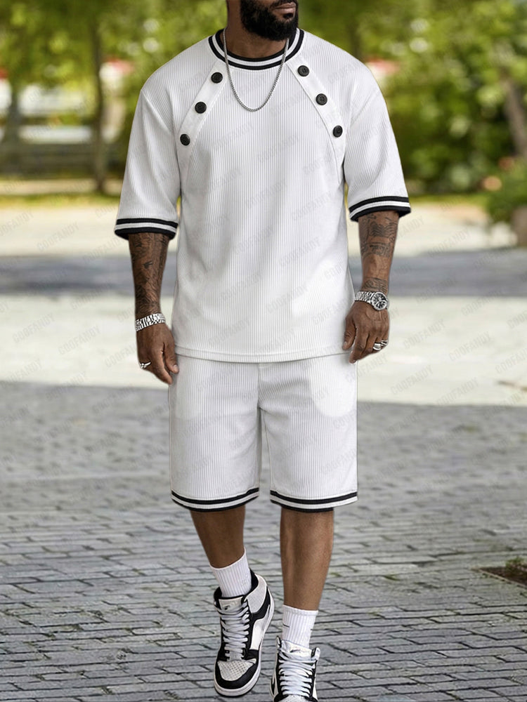 Athleisure Knapp Detalj Ribbad Texturerat Shorts Set