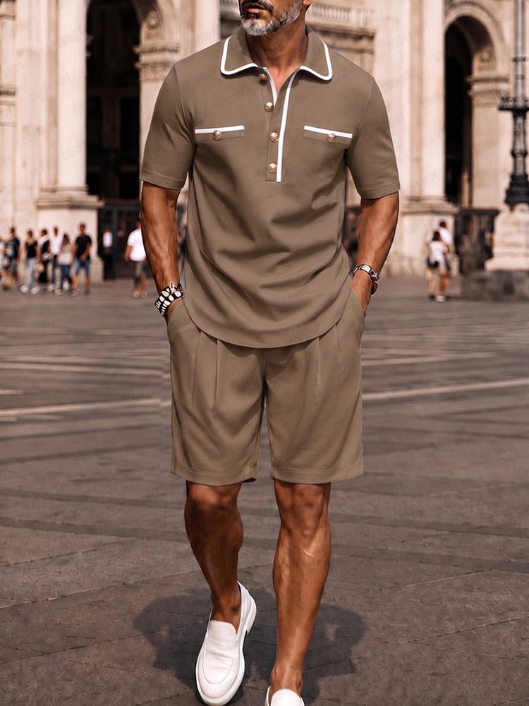 Elegant Kontrast Pikétröja Shorts Set