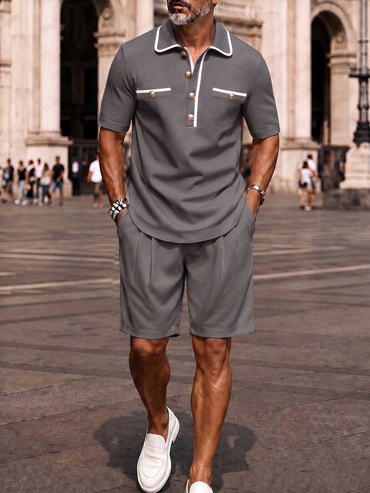 Elegant Kontrast Pikétröja Shorts Set