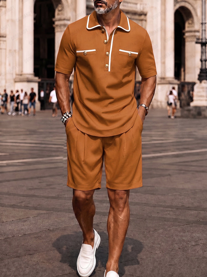 Elegant Kontrast Pikétröja Shorts Set