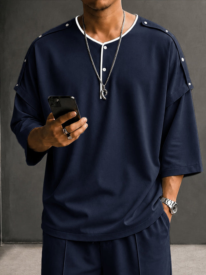 Casual Kontrast Knapp Detalj Henley T-Shirt