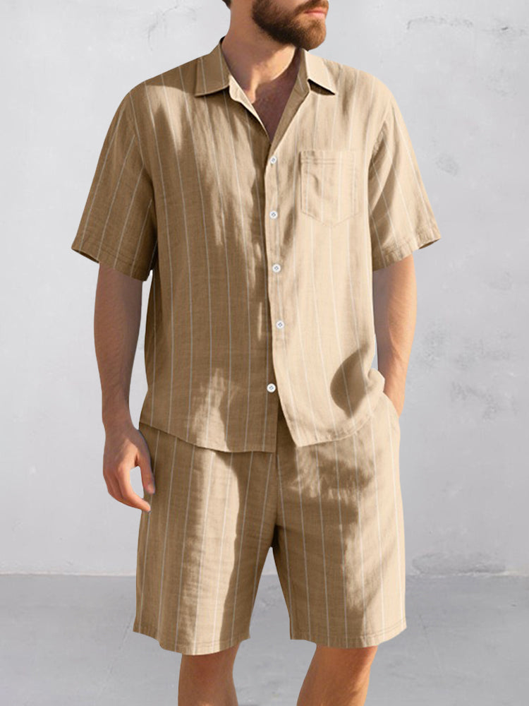 Komfort Bomull Rand Skjorta Shorts Set