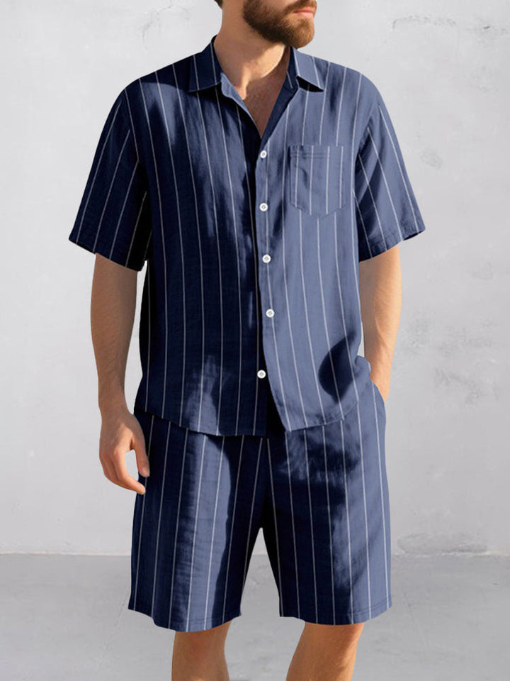 Komfort Bomull Rand Skjorta Shorts Set