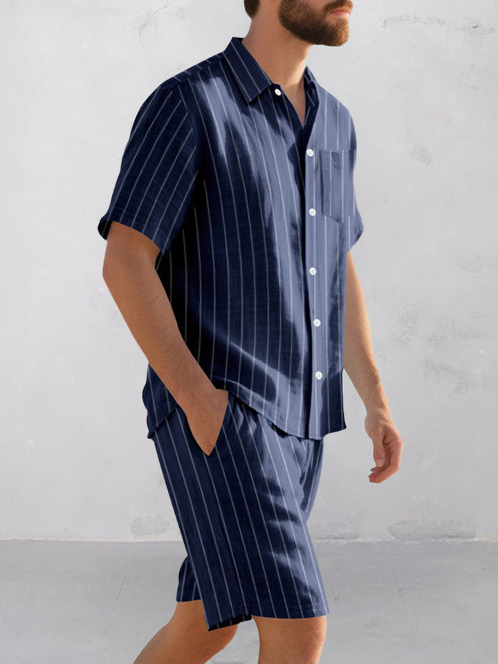 Komfort Bomull Rand Skjorta Shorts Set